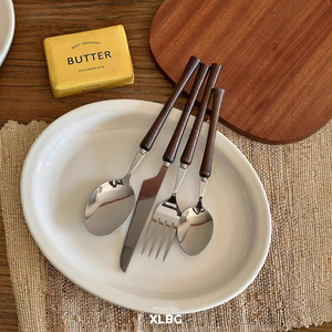 304 Stainless Steel Wooden Handle Knife <b>Fork</b> Spoon Set Retro Walnut Cutlery For Catering Dishwasher Safe - Product Image 1