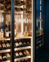 Cave à vin de luxe à double porte vitrée, température constante, compresseur, étagères en bois massif et acier, pour bar à domicile et présentation commerciale