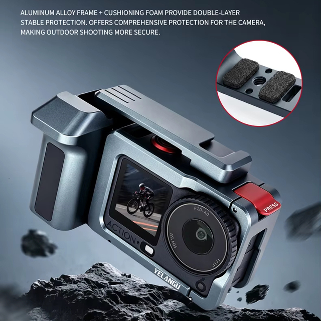 Protective Frame for DJI Osmo Action 6 YELANGU Metal Camera Cage with Handle Grip Dual-Opening