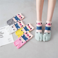 Chaussettes en coton à deux orteils pour femmes, motif dessin animé, multicolore, Jacquard, fendue, cochon, mignon, Tube moyen