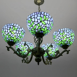 LongHuiJing Vintage Tiffany Style Stained Glass Dome <b>Chandelier</b> 6 <b>Lights</b> Wisteria Stained Glass Carved Pendant Lamp - Product Image 2