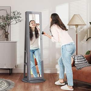 DB Jewelry Armoire Gray 360 Swivel Lockable Cabinet <b>with</b> <b>Mirror</b> and Storage <b>Shelves</b> Organizer for Home Use - Product Image 3