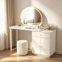 Miroir de maquillage moderne en bois massif blanc de luxe, multifonctionnel, durable, avec éclairage LED, dessus en marbre, armoire de rangement, tabouret