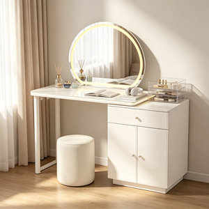 Tocador de maquillaje moderno blanco con espejo LED redondo, gabinete de almacenamiento con superficie de mármol y taburete, mesa de tocador para dormitorio - Product Image 3