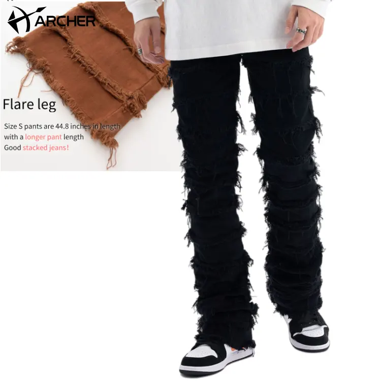 2023 Thời Trang Dạo Phố Người Đàn Ông Màu Đen Xếp Chồng Lên Nhau Flare Skinny Jeans Tùy Chỉnh Thời Trang Bùng Đau Khổ Denim Jeans Người Đàn Ông Bùng Người Đàn Ông Xếp Chồng Lên Nhau Jeans