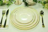 Assiettes rondes en PS pour mariage, dorées, luxe, option logo personnalisé, non toxiques, écologiques, design solide, mariages, hôtels
