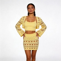 Ensemble deux pièces en tricot jaune beurre ajouré pour femme : Boléro et débardeur – Style doux et épicé – Ropa De Mujer