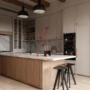 Ensemble d'armoires de cuisine en bois Shaker, îlot de cuisine en marbre blanc, entièrement personnalisé - Product Image 3