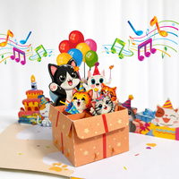 Carte de vœux d'anniversaire en papier 3D pop-up personnalisée avec impression numérique, motif chat, musique, lumière, enveloppe, sac en plastique, cadeau parfait pour les amis