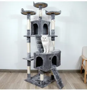 Produsen Grosir Sisal Abu-abu Beige Pendek Mewah Scratcher Kucing Pohon Tower dengan Tangga