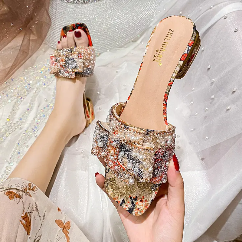 2023 Zomer Luxe Parels Glijbanen Dames Dikke Hakken Pumps Vrouwen Bloemen Strass Hakken Sandalen Slippers