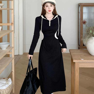 Women's Long Sleeve Hooded Sweatshirt Dress Black Solid Color Contrast Splicing Slim Waist Over The Knee Spring Autumn 2025 - Product Image 1