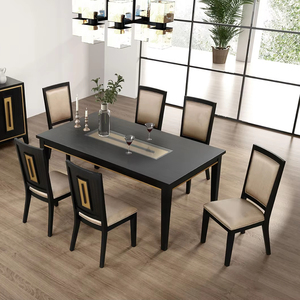 7pc Modern <b>Dining</b> Set with Espresso <b>Dining</b> <b>Table</b> and Glass Insert <b>Top</b> 6 Chairs-Wooden Hotel Apartment <b>Dining</b> Room Furniture - Product Image 1