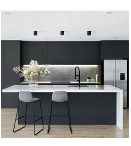 Ensemble d'armoires de cuisine sans poignées, complet, panneau en MDF, bois mat, évier en acier inoxydable, style moderne - Product Image 1