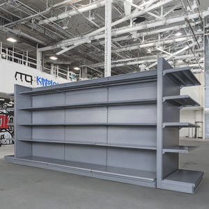 Présentoir double face en métal et bois pour gondole, étagères de supermarché en acier pour magasins <span class=keywords><strong>CVS</strong></span> à usage intensif - Product Image 1