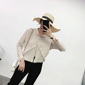 Solid Button Plissee Revers Langarm Cardigan Top Einfache Büro Pendler Arbeits kleidung Casual Damen hemd - Product Image 2