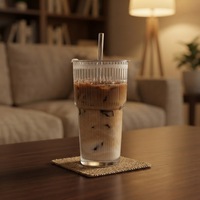Gobelet en verre à rayures horizontales de haute qualité, avec couvercle et paille, pour café glacé, Americano, latte et autres boissons, usage domestique