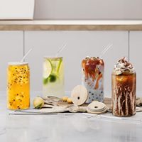 Prix Usine de Gros, Gobelets en Verre de 16 oz Avec Couvercles en Bambou et Paille, Tasses en Verre à Motifs en Forme de Canette de Cola Pour Boissons Froides
