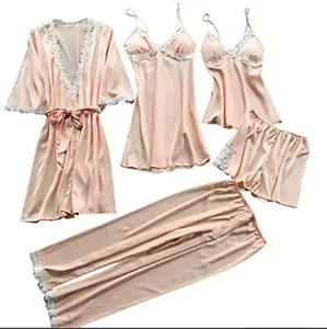 Women Pajamas Sets Satin Sleepwear Silk 5 Pieces Nightwear Robe Spaghetti Strap Lace Sleep Lounge Pajama With Chest Pads