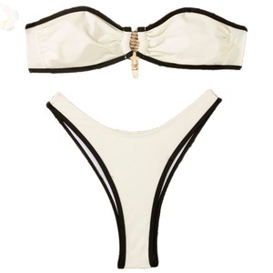 Conjunto de Bikini para Mujer, Blanco y Negro, con Detalles en Contraste, Estilo Bandeau, Traje de Baño Elástico de 2 Piezas, para Playa o Resort, Spandex/Poliéster, Estilo Brasileño - Product Image 1