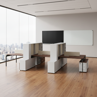 Bureau d'équipe avancé avec cadre en bois, rangement multi-niveaux, espace de travail professionnel, caractéristiques ergonomiques modernes, bureaux debout pour bureaux ouverts