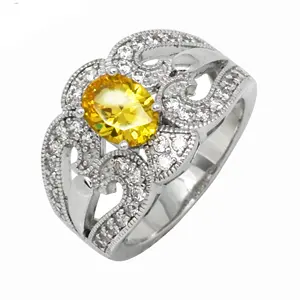 Anel de prata esterlina 925 irlandês vintage, cristal amarelo, pedra preciosa, corte oval, banda de citrino, joia unissex larga