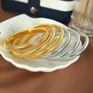 European American Style Threaded Stainless Steel Spring <b>Bracelet</b> For Women 8mm Screw Shape Party Jewelry Fashion <b>Bangle</b> - Product Image 3