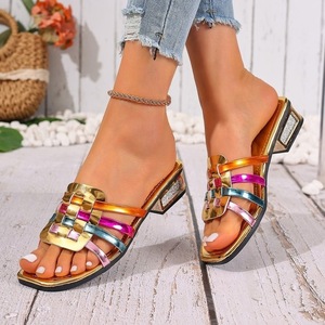 <b>Glitter</b> Metallic Colorful Woven Block Heel Mules Square Toe Slip‑On Women Summer Slide Sandals - Product Image 3