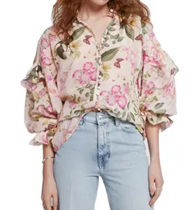 Mulheres Plus-Size Impresso Chiffon Tops Estilo Oversized Ruffle Manga Babado Pescoço Blusa Casual Solto Fit Blusa Moda Senhora