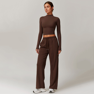 Mềm Vải Mỏng Phù Hợp Với Yoga Dài Tay Áo Hàng Đầu Giản Dị Crew Cổ Áo Nỉ Và Quần Bó Sát 4 Mảnh Bộ - Product Image 5