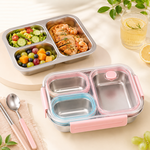 Boîte à lunch bento en acier inoxydable 316, 3 compartiments, portable, anti-fuite, avec couvercle amovible, design rectangulaire moderne pour enfants - Product Image 4