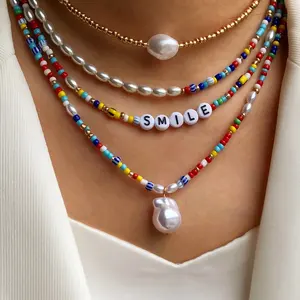 European and American style alien pearl letter collarbone chain multi-layer combination stacking colorful rice bead necklace