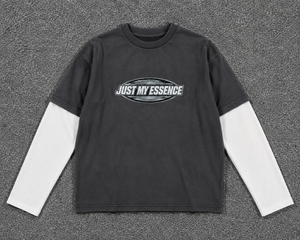 เสื้อเชิ้ตแขนยาว Just My Essence สำหรับผู้ชาย คอกลม ลำลอง สีดำขาว พิมพ์ลายตัดกัน ผ้าฝ้าย - Product Image 1