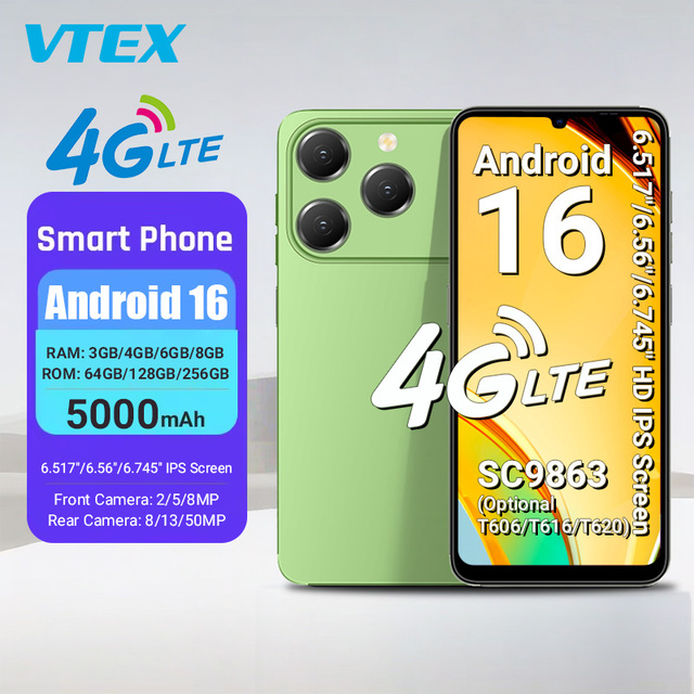 6.7 Inch 4G LTE Android 16 Smartphone T615 CPU HD IPS Screen 4GB RAM 128GB ROM 5000mAh Big Battery Stylish Design Mobile Phones