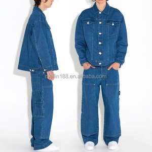 Ensemble en jean personnalisé pour homme, ensemble deux pièces en jean bleu épais, veste et jean unisexe - Product Image 1