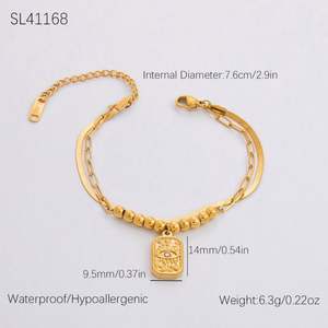 Fashionable Double-Layer Stainless Steel Bracelet 18K Gold Plated Square Pendant Trendy Design Does Not Fade <b>Charm</b> Bracelets - Product Image 1