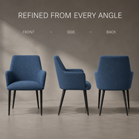 Ensemble de fauteuils de salle à manger rembourrés sur mesure, dossier effilé, accoudoirs incurvés, crème, bleu, orange brûlé, pieds noirs