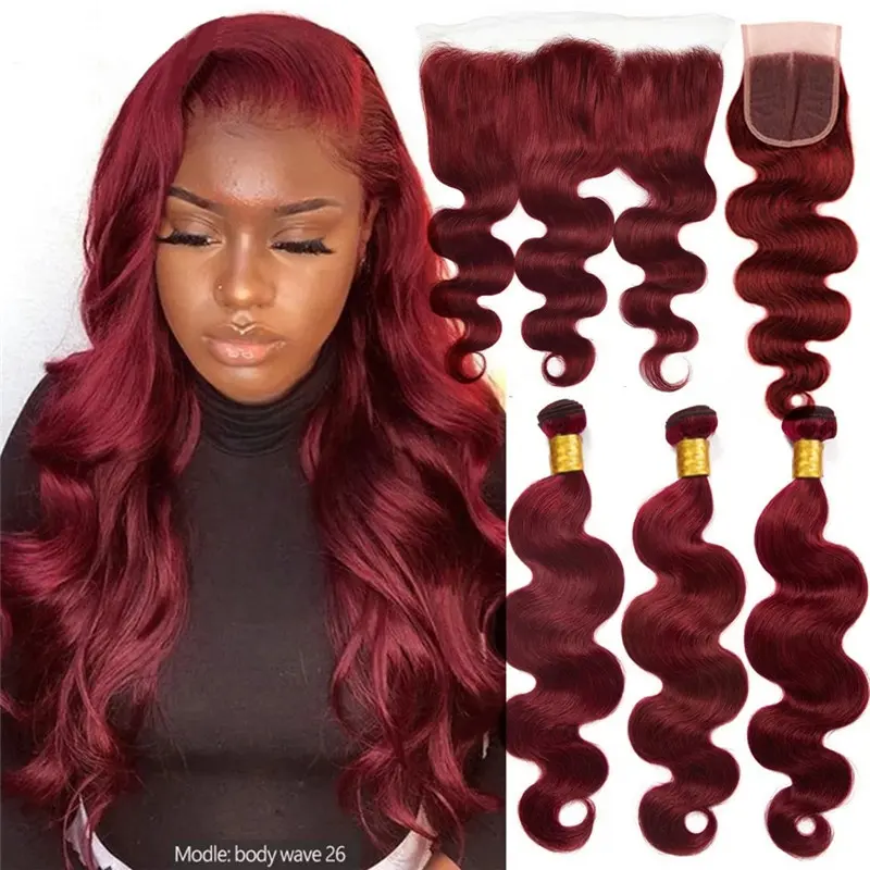 Burgundy Red Body Wave Bundles Indian Human Hair Bundles Colored Wavy Hair Weave Bundles With Closure Set Hair Extensions