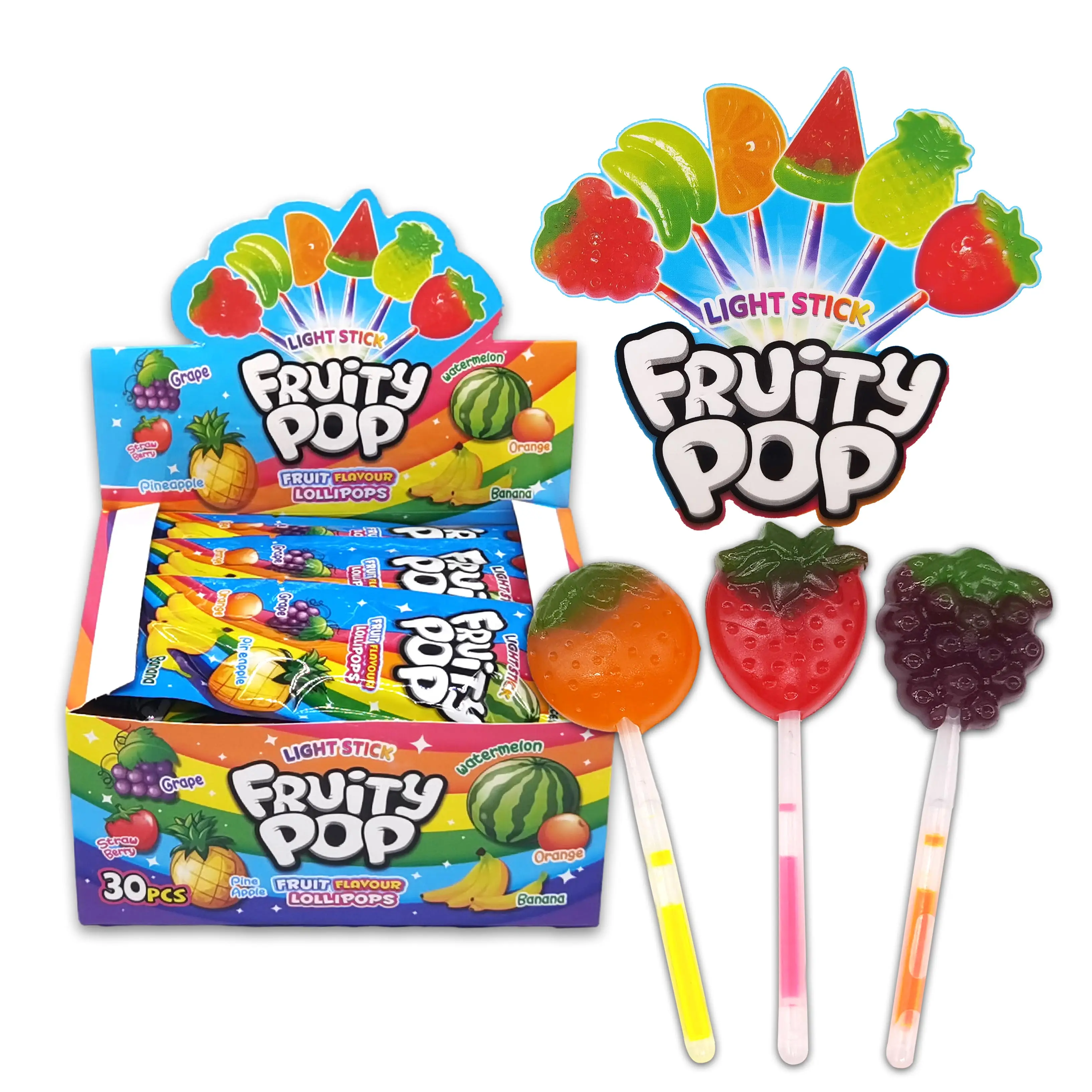 Glow stick a forma di frutta halal caramella lecca-lecca all'ingrosso dolci importati lecca lecca pop di frutta dura