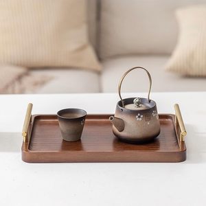 Plateau de service en bois d'acacia classique avec poignée en or décor à la maison plateau de service pour <span class=keywords><strong>Table</strong></span> à café collations et plateau à boissons - Product Image 2