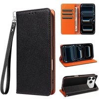 Dompet Kulit PU Motif Leci untuk iPhone 17 18 Pro Max, Penutup Flip Folio dengan Tali Pergelangan Tangan, Pelindung Anti Benturan