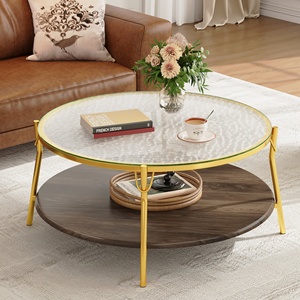 Tavolino da Caffè Moderno Rotondo in Noce a 2 Livelli con Piano in Vetro e Base Dorata per Soggiorno 29.9 - Product Image 6
