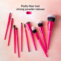 Ensemble de 10 pinceaux de maquillage vegan personnalisés à marque privée, manche rose rouge, virole électroplaquée, dégradé bicolore, pour cadeau d'entreprise