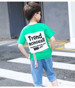 Ebay Express Francia Ropa de Bebé China Conjuntos de Pantalones Cortos 3/4 de Mezclilla de Verano y Camiseta con Estampado Verde para Niños - Product Image 3