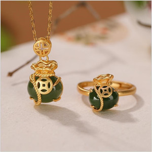 Hetian Jade Lucky Bag Pendant Ring Set 18k Gold Plated Zinc Alloy Women's Jewelry Gift Fashion Jewelry Sets - Product Image 1