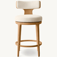 Tabouret de bar pivotant Rhoohill de style américain en bois massif et cuir, tabouret de bar pivotant moderne de luxe en tissu de lin et chêne blanc