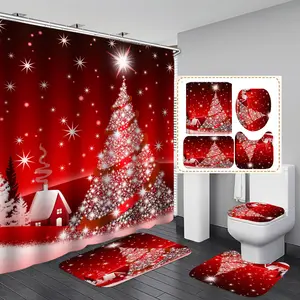 Christmas Print Polyester Shower Curtains for Bathroom, Cute Winter Holiday Bathroom Shower Curtain with Hooks