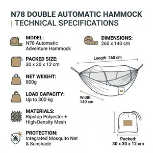 <span class=keywords><strong>Hamac</strong></span> automatique ultraléger 800g avec moustiquaire escamotable et toit anti-UV, lit d'arbre compact pour le trekking et la randonnée - Product Image 5
