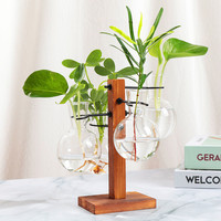 Vase en verre transparent sur support en bois, style européen créatif, pour arrangement floral hydroponique – Fournisseur d'usine