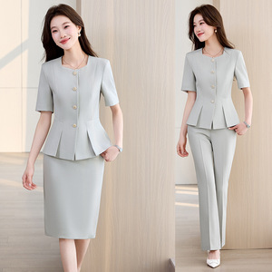 Women's Two Piece Suit Set Short Sleeve Crepe Office Lady Anti-Wrinkle Work Interview Wear - Product Image 1